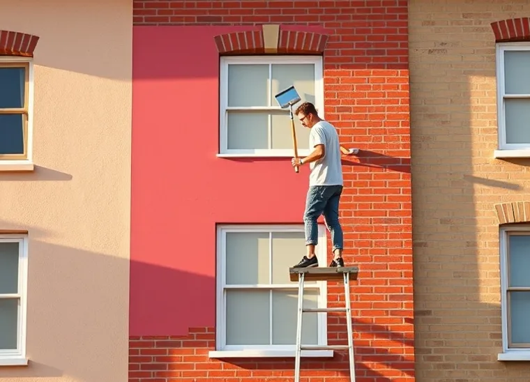 Peintre sur échafaudage traitant la façade d'une maison